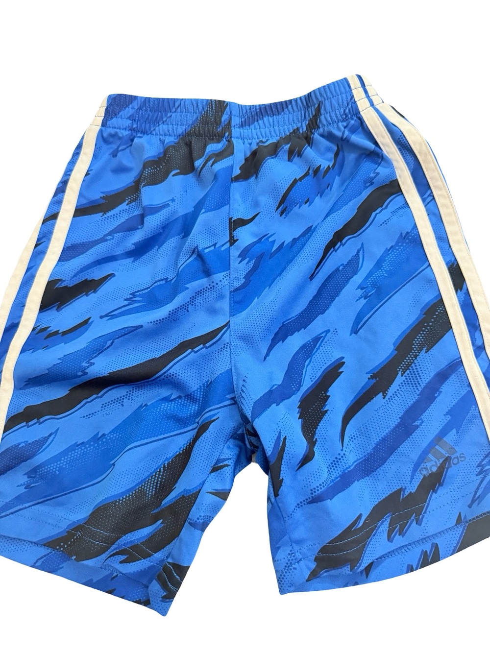 Adidas boys blue athletic shorts with black graphic & white stripes - size 6